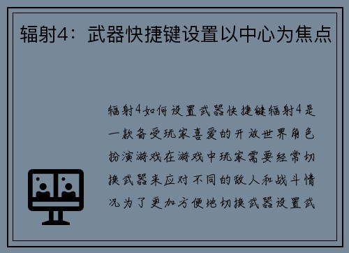 辐射4：武器快捷键设置以中心为焦点