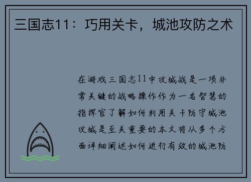 三国志11：巧用关卡，城池攻防之术